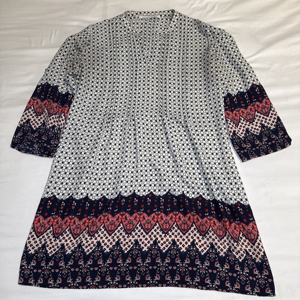 Collective Concepts Geometric V Neck Pleated Top Shift Dress Long Sleeve Large